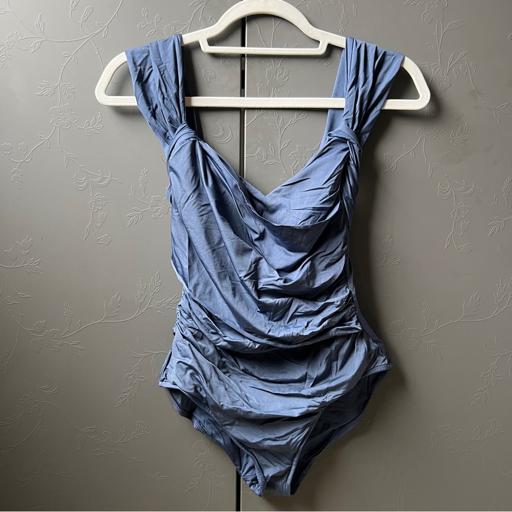 Badgley Mischka Swimsuit SZ 8 One-Piece Ruched Gray Blue Wide Straps Slimming